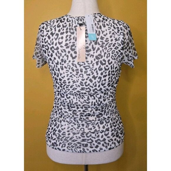 Les Serein Short Sleeve Leopard Print SS Side Rouched Tee Medium Cheetah Animal - Picture 3 of 9